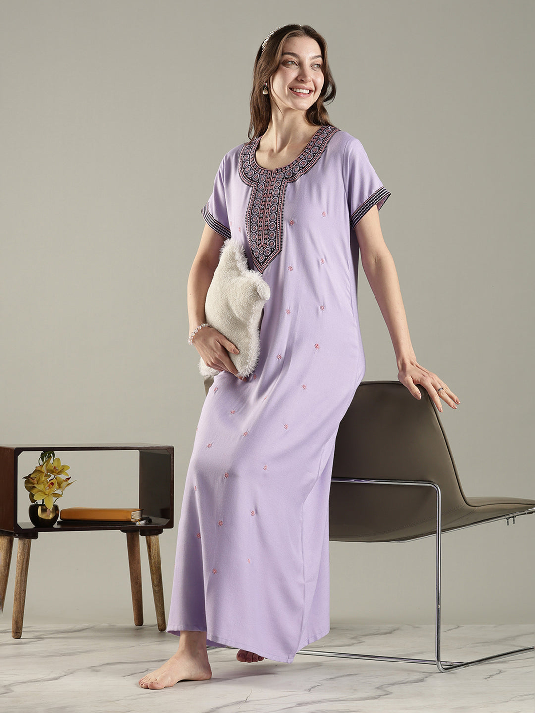 Alpine embroidered A-line lavender cozy nighty for women