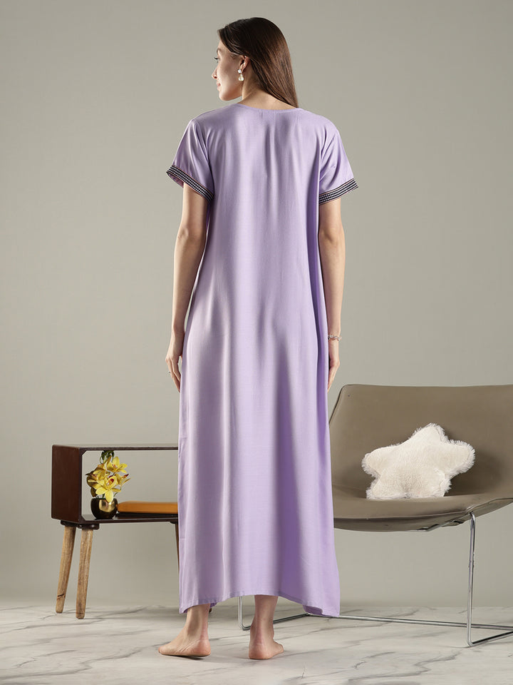 Alpine embroidered A-line lavender cozy nighty for women