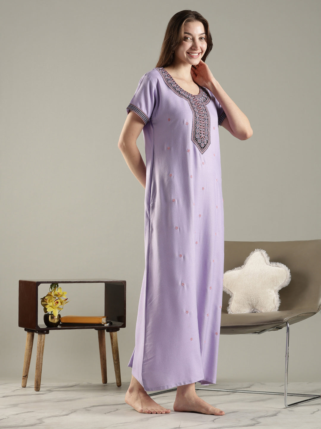 Alpine embroidered A-line lavender cozy nighty for women