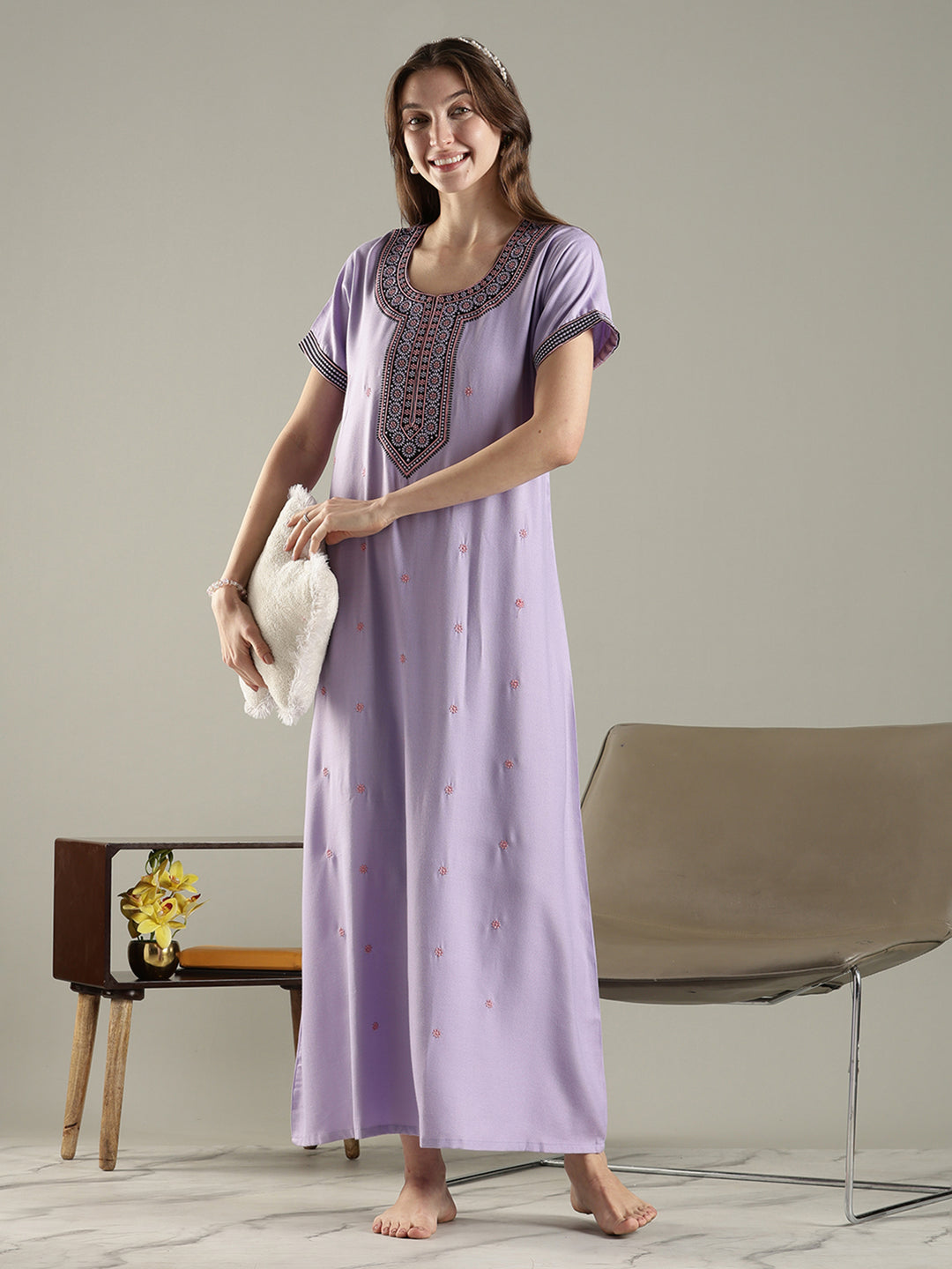 Alpine embroidered A-line lavender cozy nighty for women