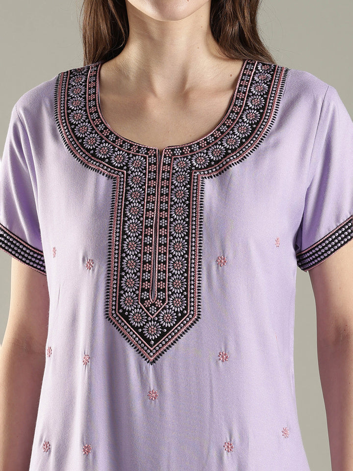 Alpine embroidered A-line lavender cozy nighty for women