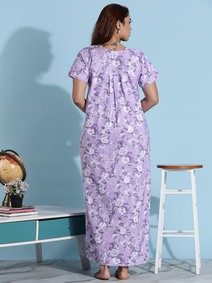 Lavender Pleated Premium Pure Cotton Nighty for Women