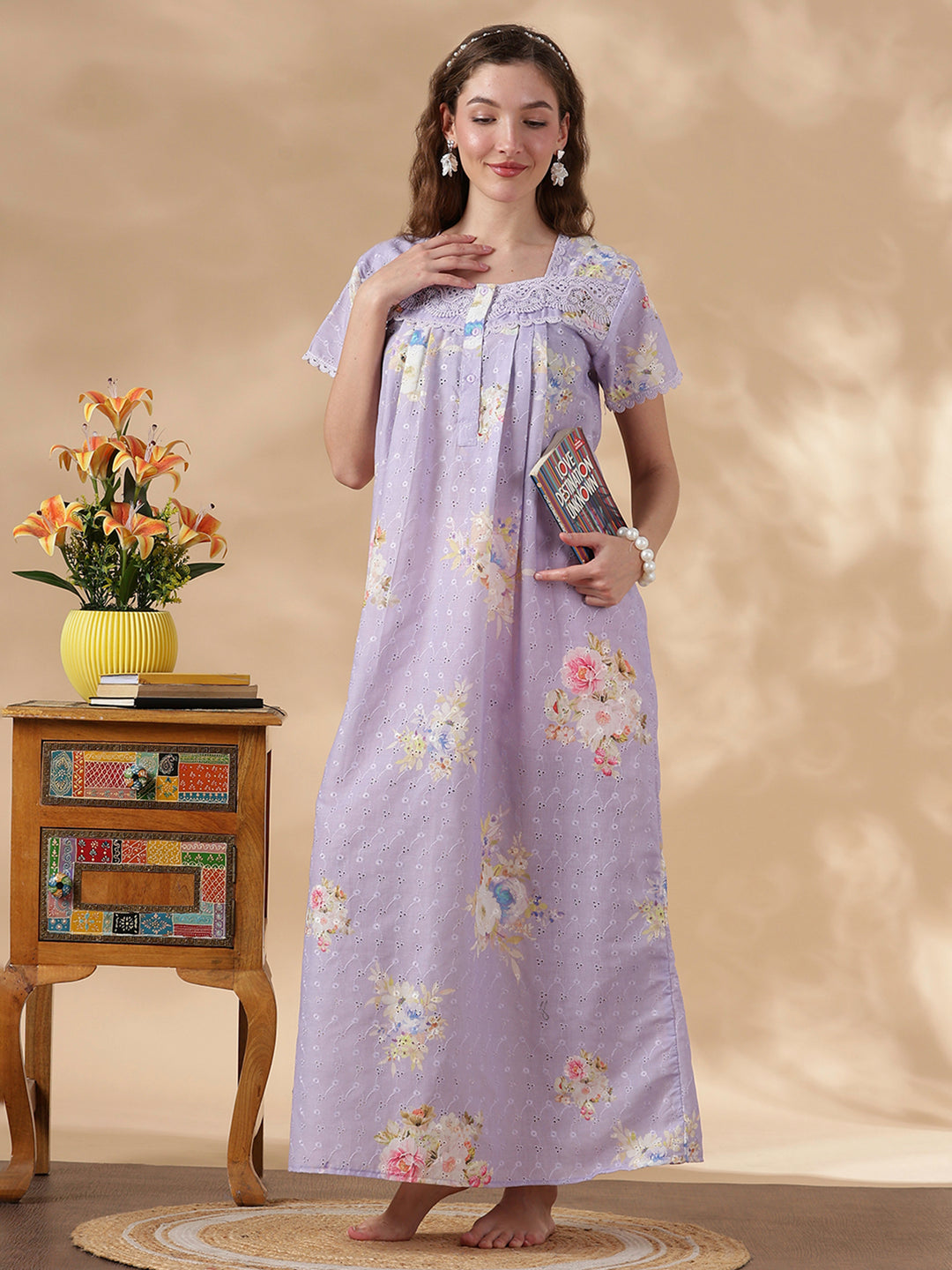 Floral Lavender Pure Cotton Nighty for Women
