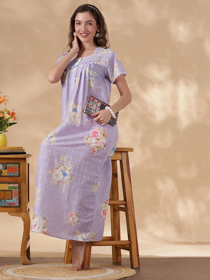 Floral Lavender Pure Cotton Nighty for Women