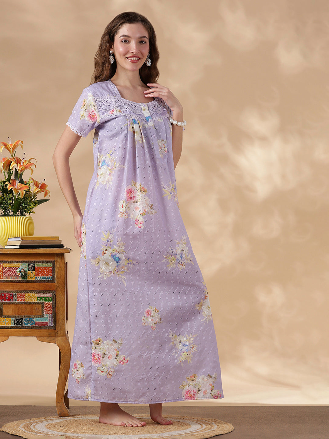 Floral Lavender Pure Cotton Nighty for Women