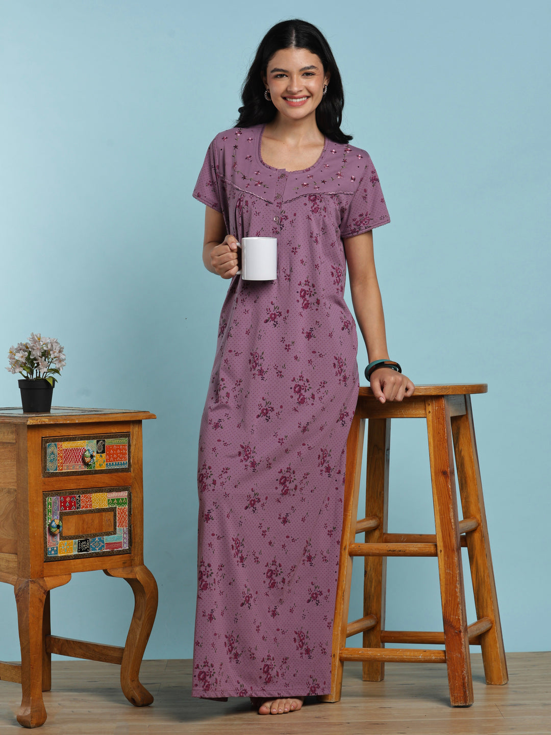Lavender floral cotton blend nightydress for women online