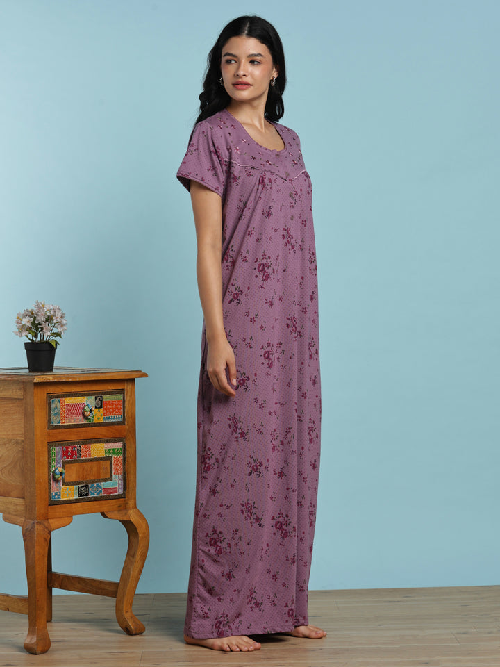 Lavender floral cotton blend nightydress for women online