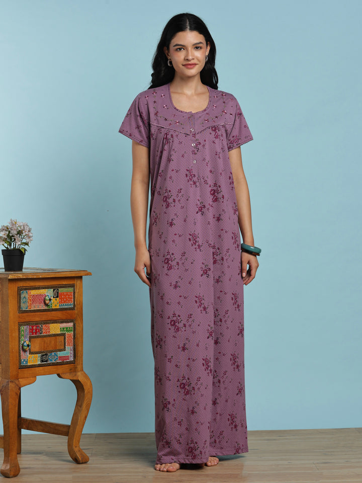 Lavender floral cotton blend nightydress for women online