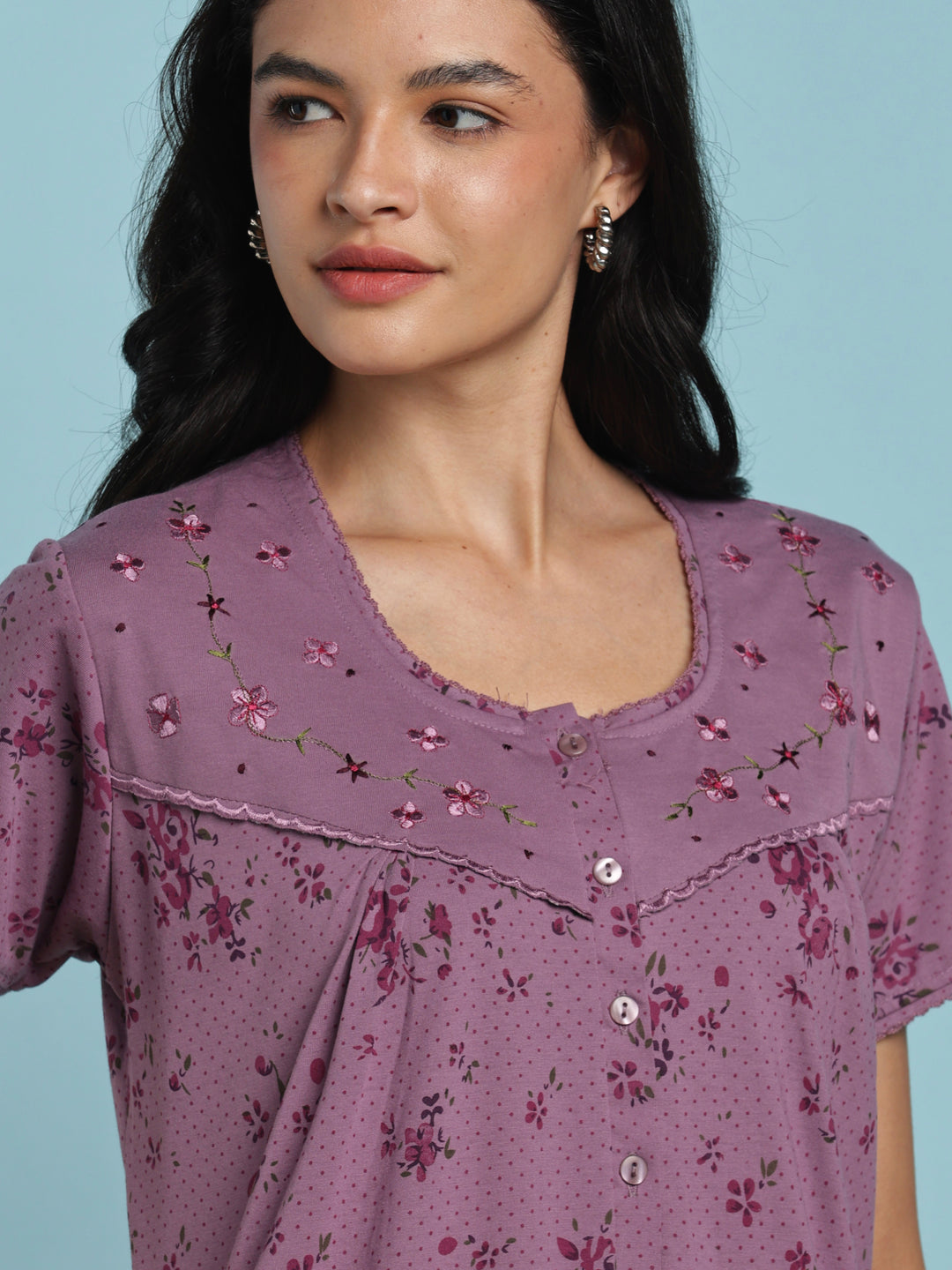 Lavender floral cotton blend nightydress for women online