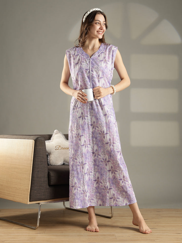 Lavender bamboo cotton floral sleeveless nighty for women