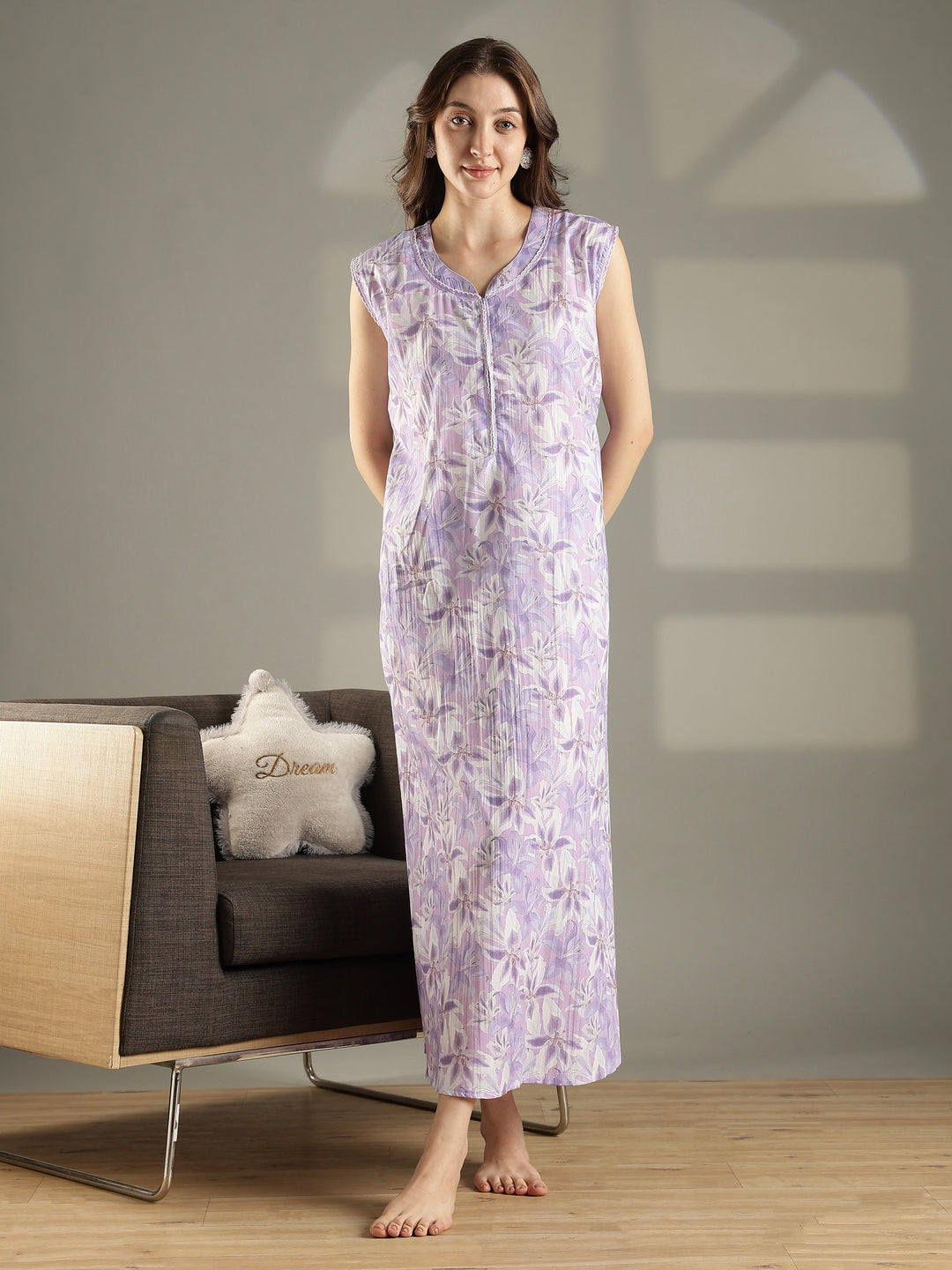 Lavender bamboo cotton floral sleeveless nighty for women