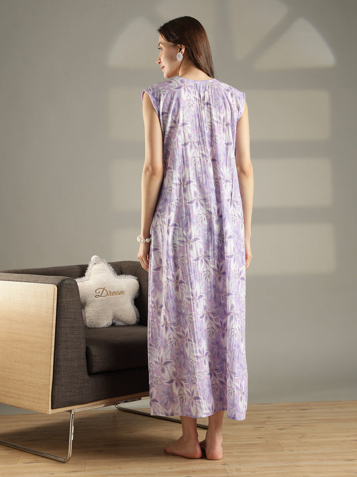 Lavender bamboo cotton floral sleeveless nighty for women