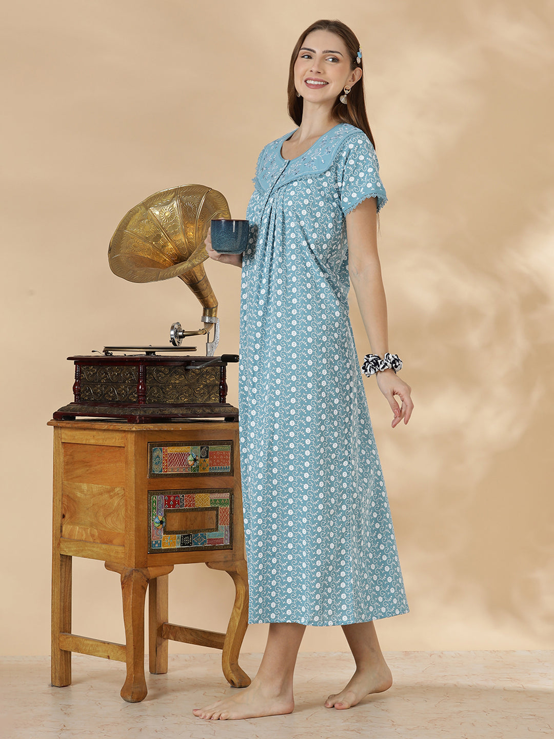 Light blue floral premium cotton chikankari nighty for women