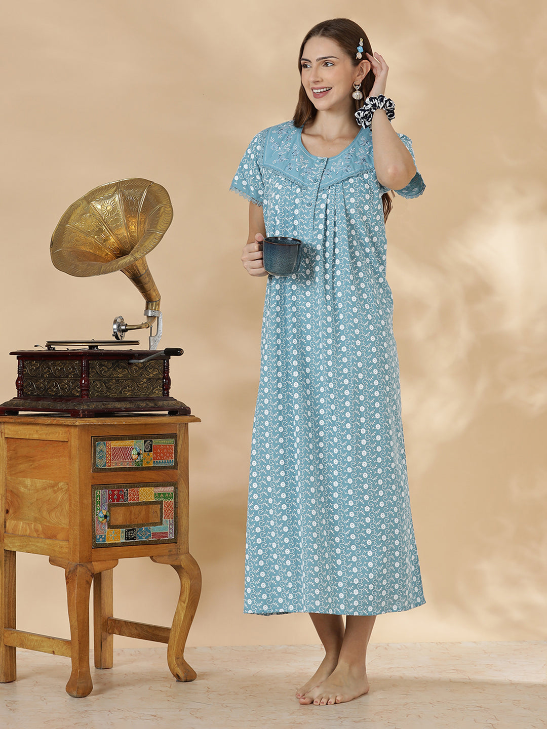 Light blue floral premium cotton chikankari nighty for women