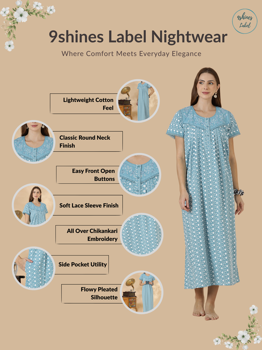 Light blue floral premium cotton chikankari nighty for women