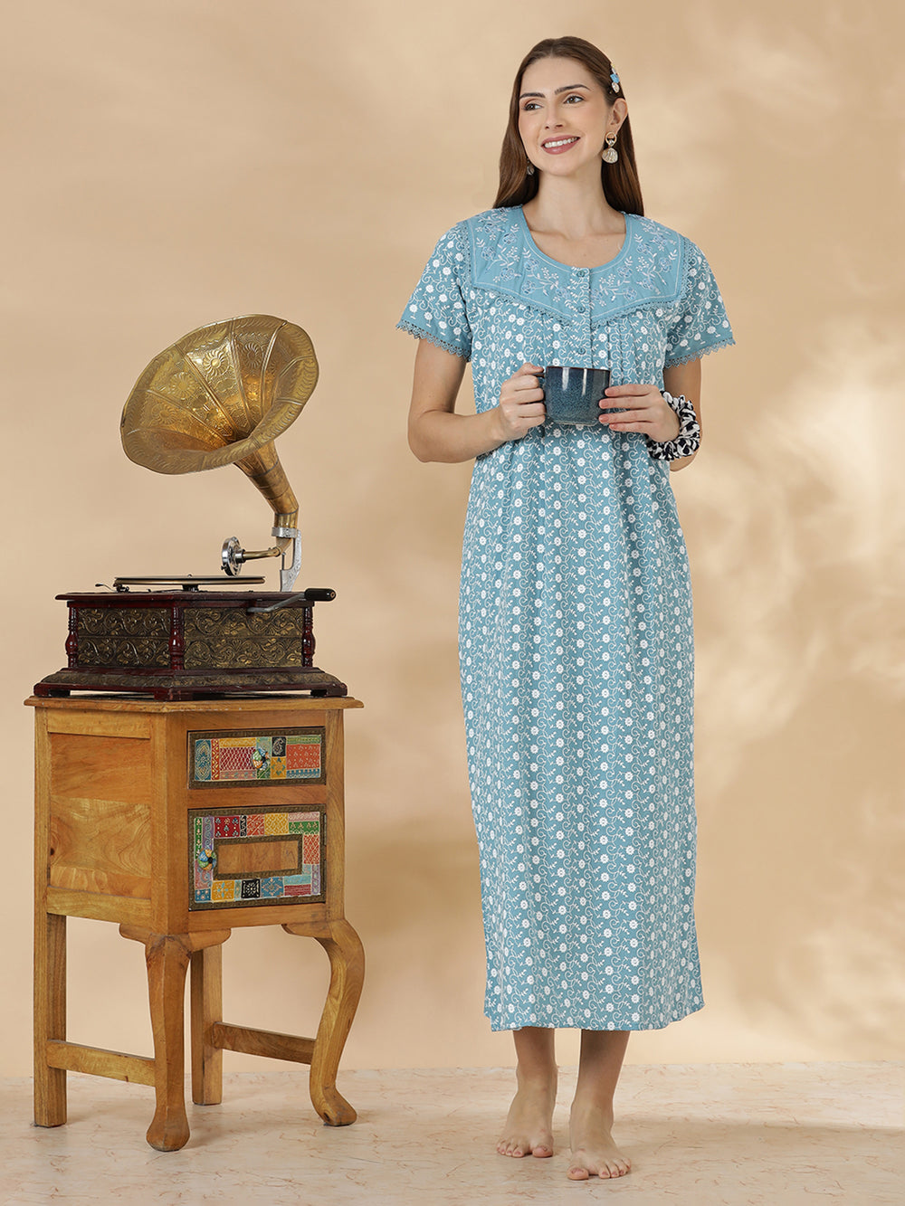 Light blue floral premium cotton chikankari nighty for women