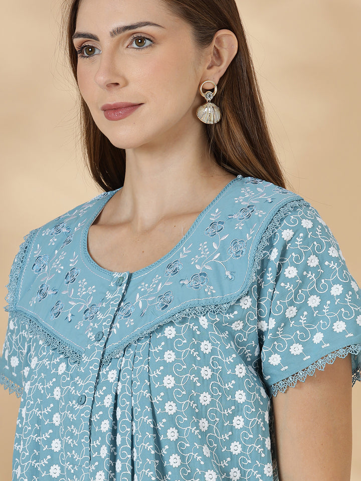 Light blue floral premium cotton chikankari nighty for women