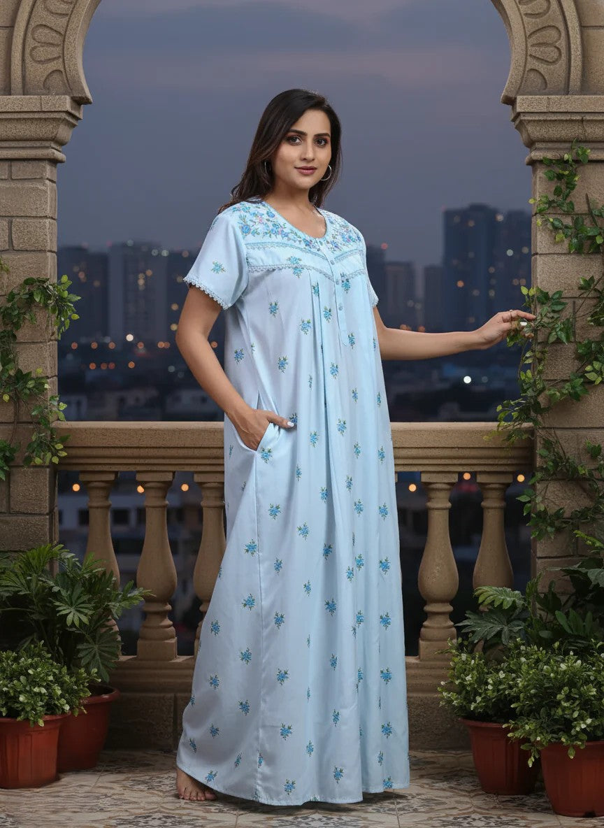 Branded light blue chikankari pure cotton nightgown for women
