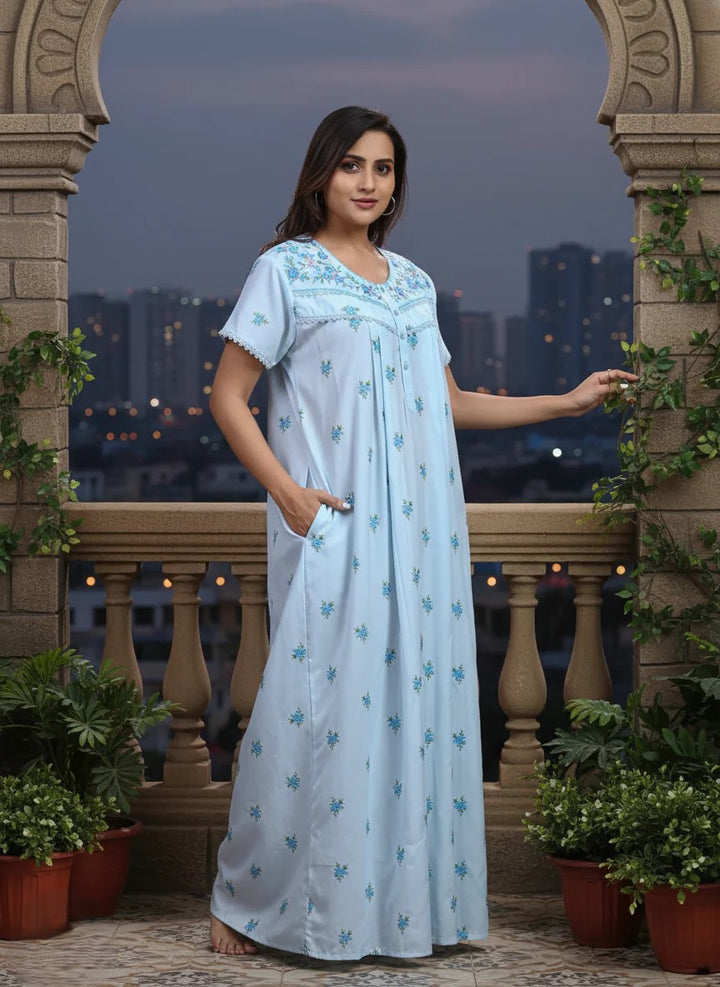 Branded light blue chikankari pure cotton nightgown for women