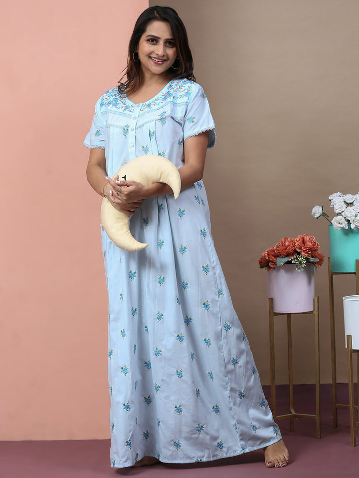 Branded light blue chikankari pure cotton nightgown for women