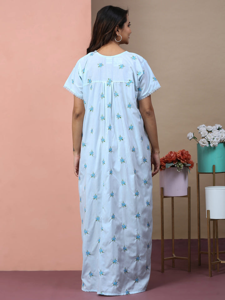 Branded light blue chikankari pure cotton nightgown for women