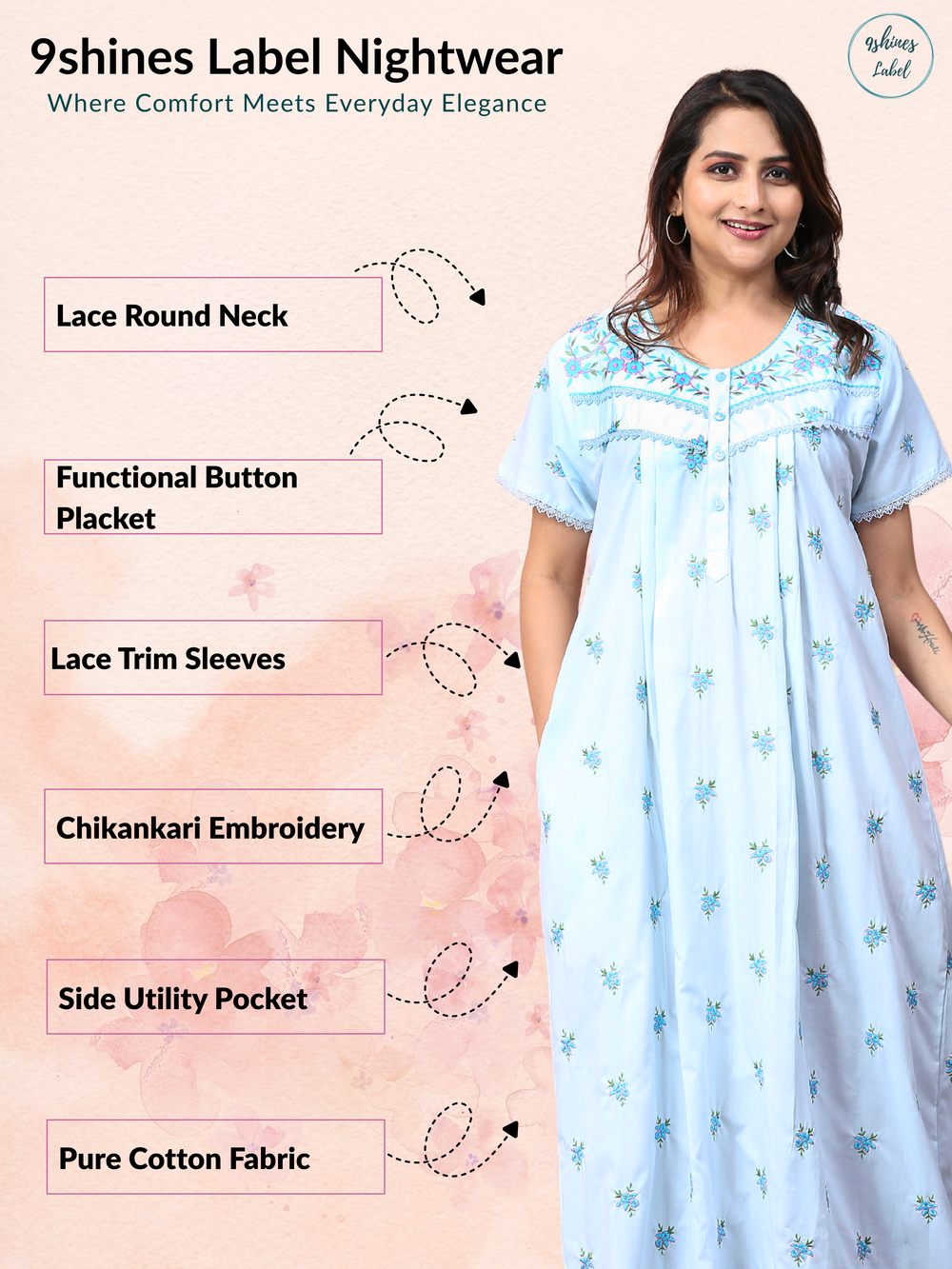 Branded light blue chikankari pure cotton nightgown for women