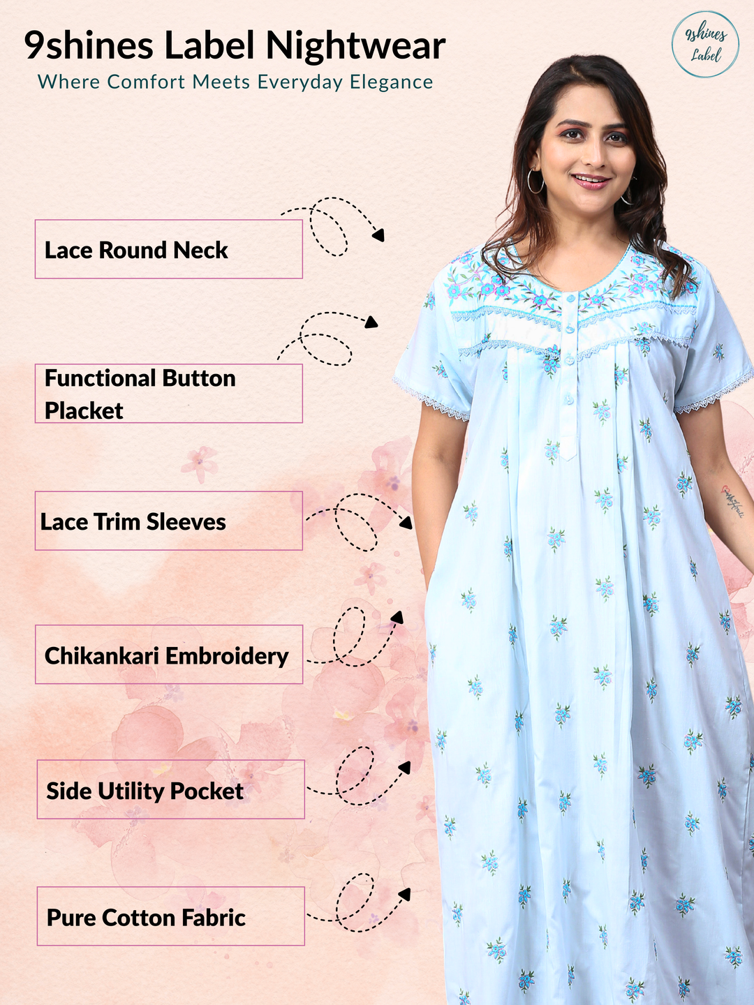 Branded light blue chikankari pure cotton nightgown for women
