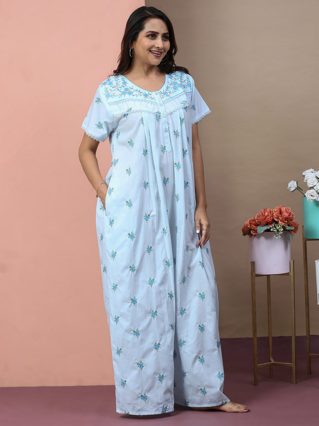 Branded light blue chikankari pure cotton nightgown for women