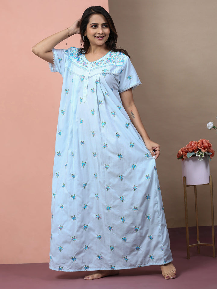Branded light blue chikankari pure cotton nightgown for women