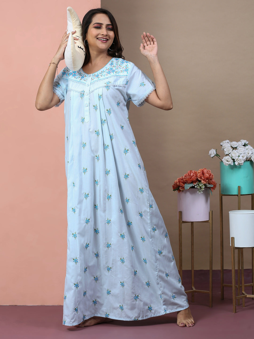 Branded light blue chikankari pure cotton nightgown for women