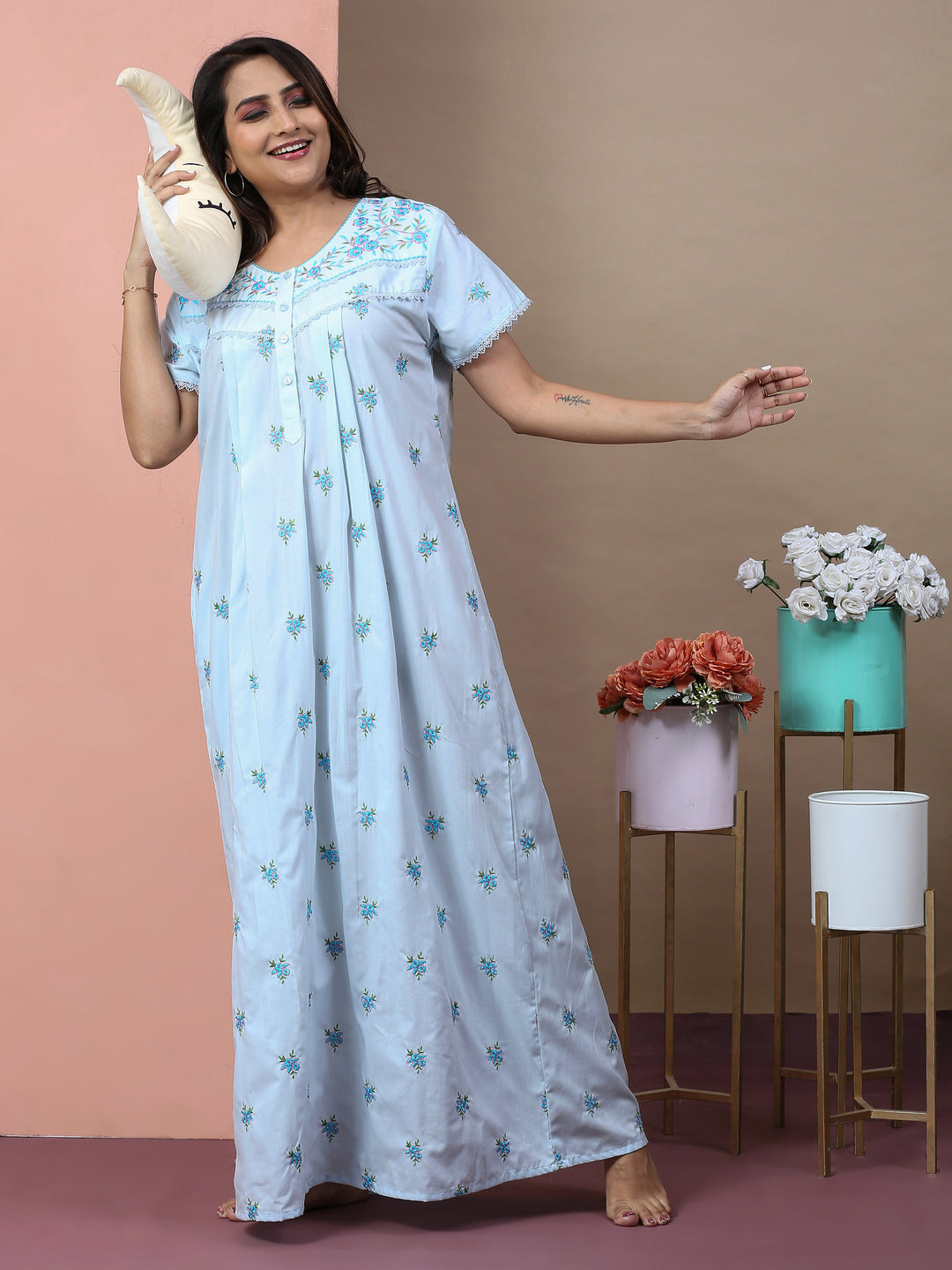 Branded light blue chikankari pure cotton nightgown for women