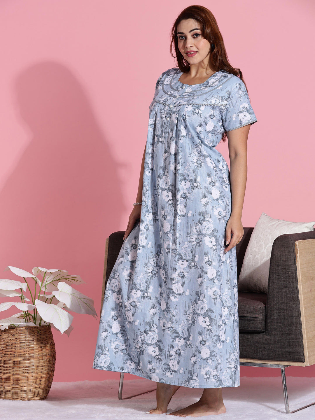 Pastel blue floral cotton front open nighty for women