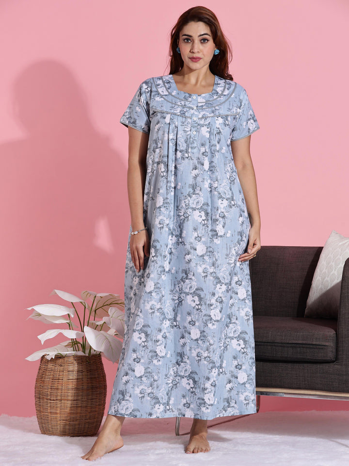 Pastel blue floral cotton front open nighty for women