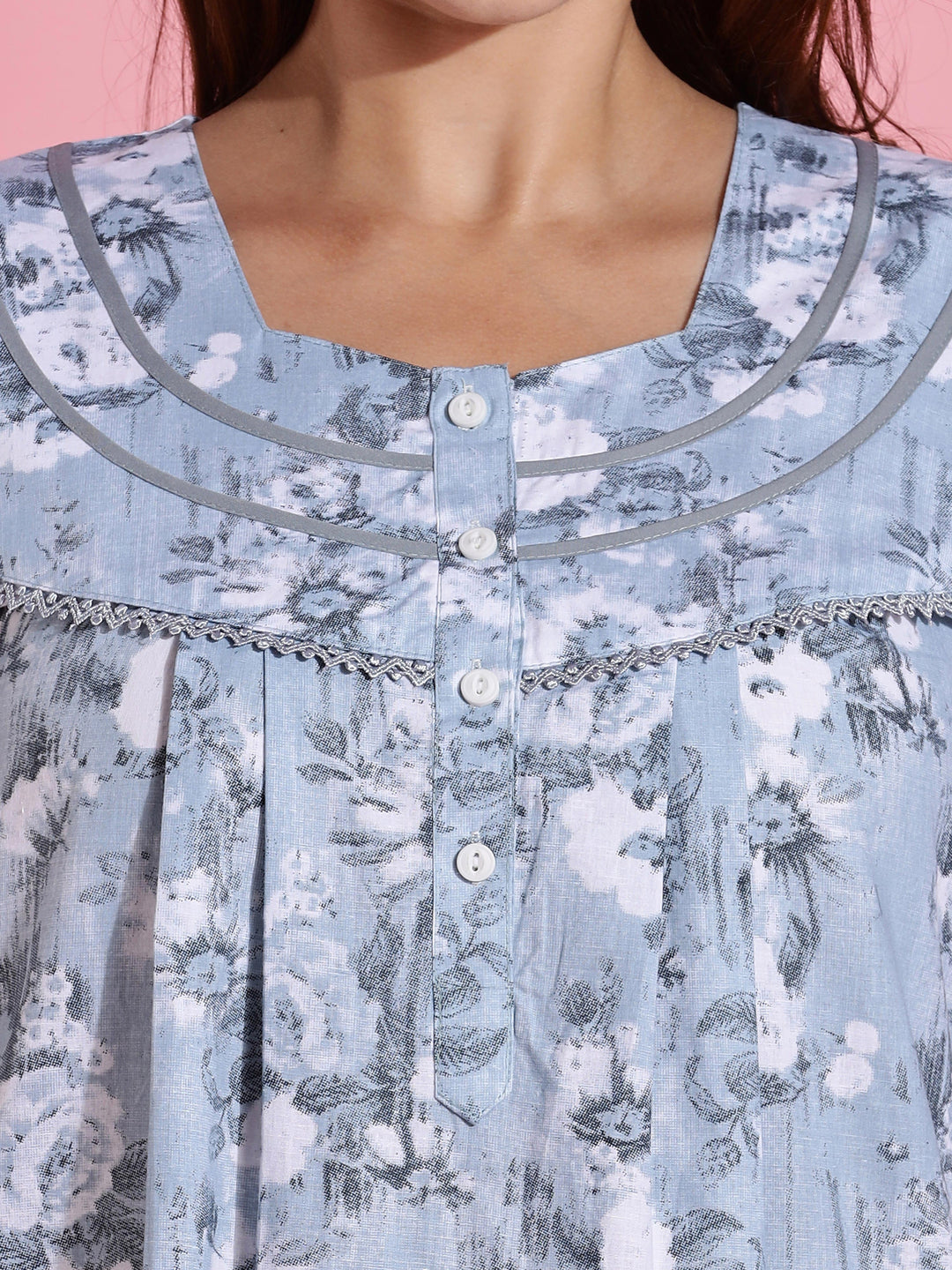 Pastel blue floral cotton front open nighty for women