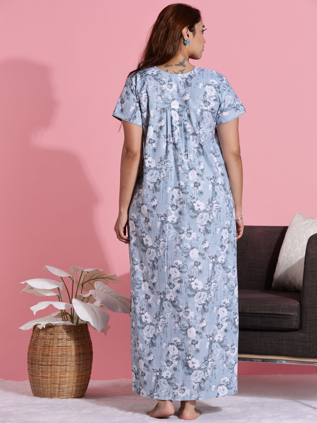Pastel blue floral cotton front open nighty for women