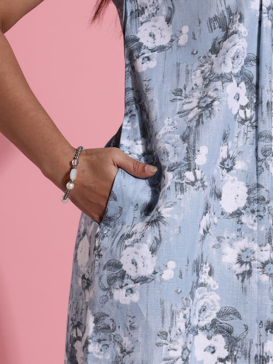 Pastel blue floral cotton front open nighty for women