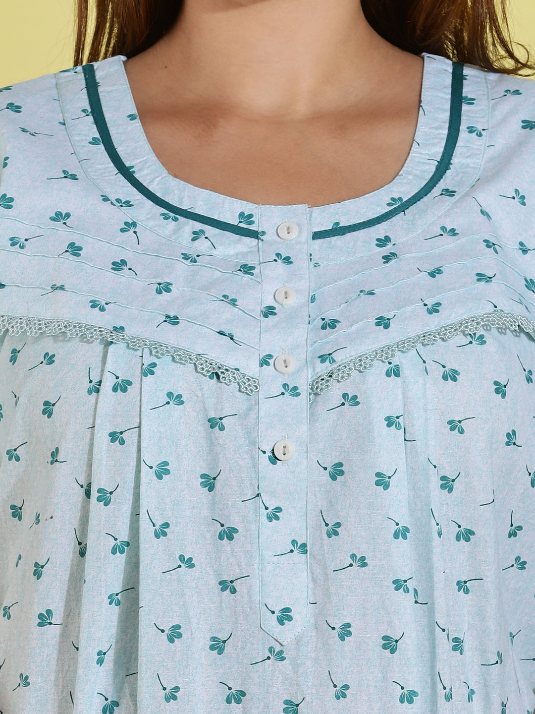 Light Green Floral Print Pure Cotton Nighty for Women