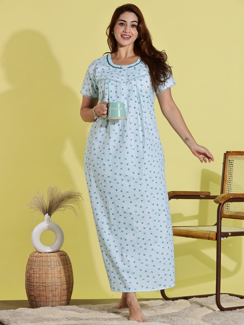 Light Green Floral Print Pure Cotton Nighty for Women