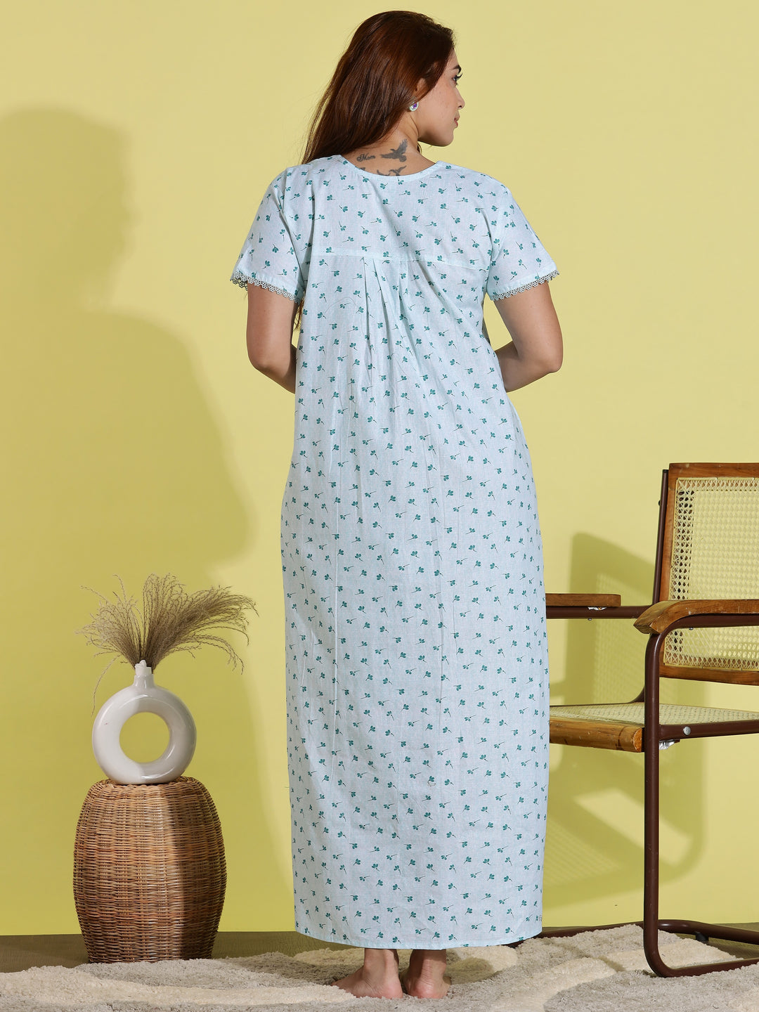 Light Green Floral Print Pure Cotton Nighty for Women