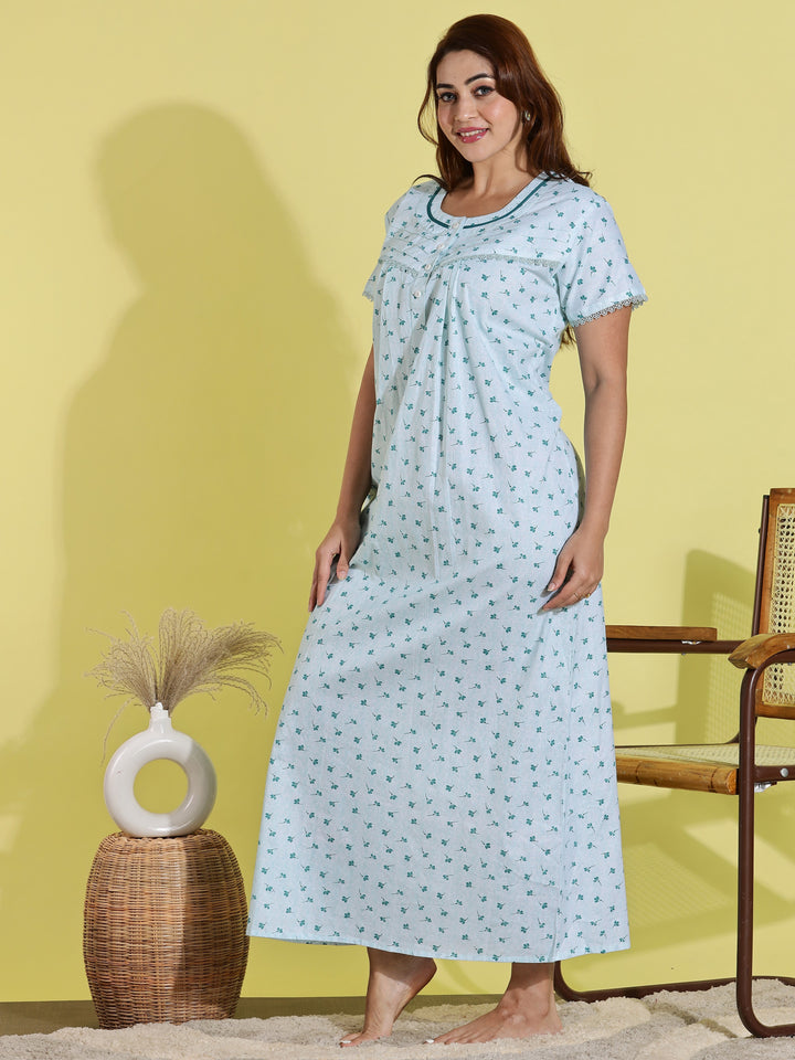 Light Green Floral Print Pure Cotton Nighty for Women