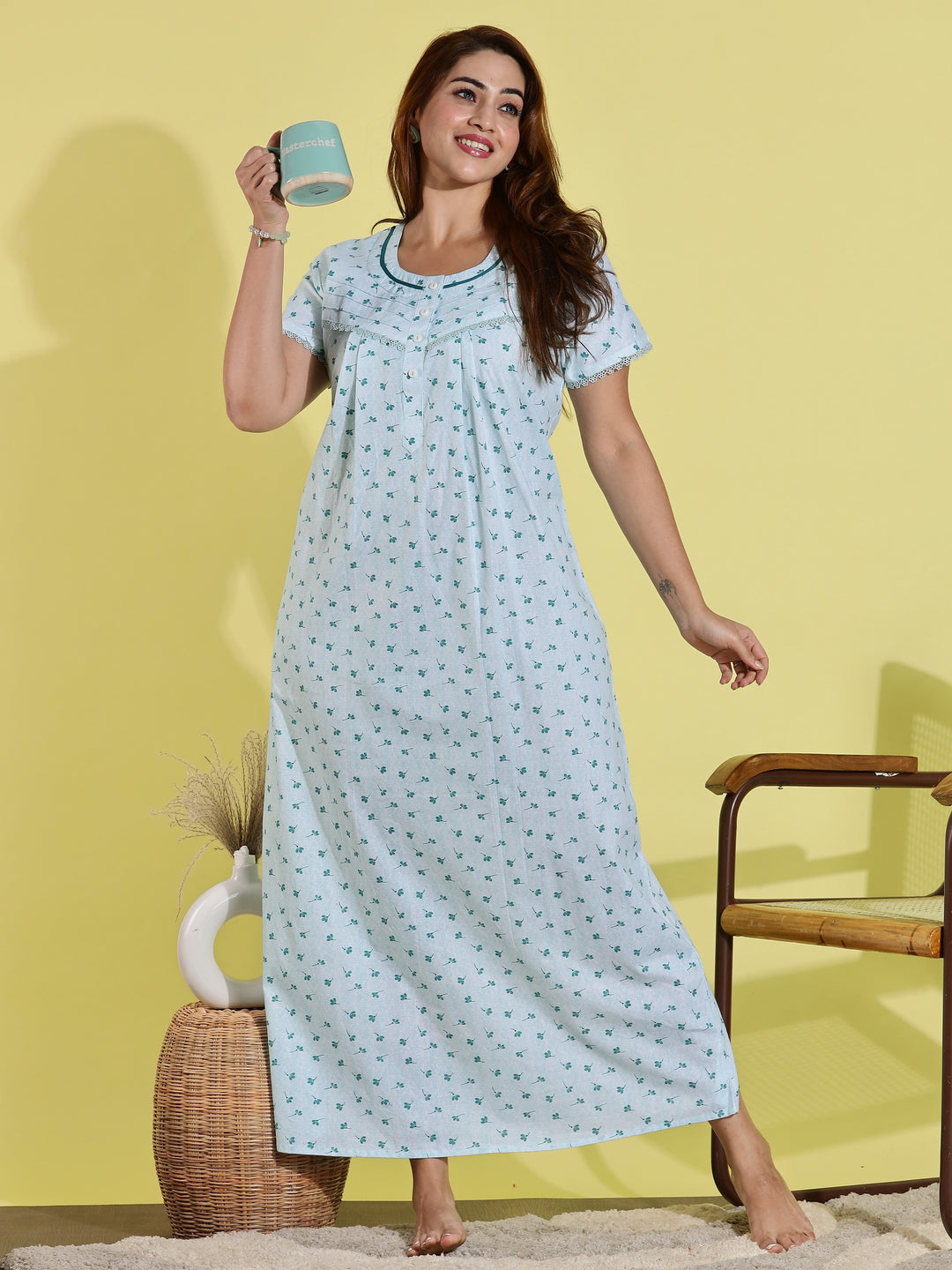 Light Green Floral Print Pure Cotton Nighty for Women