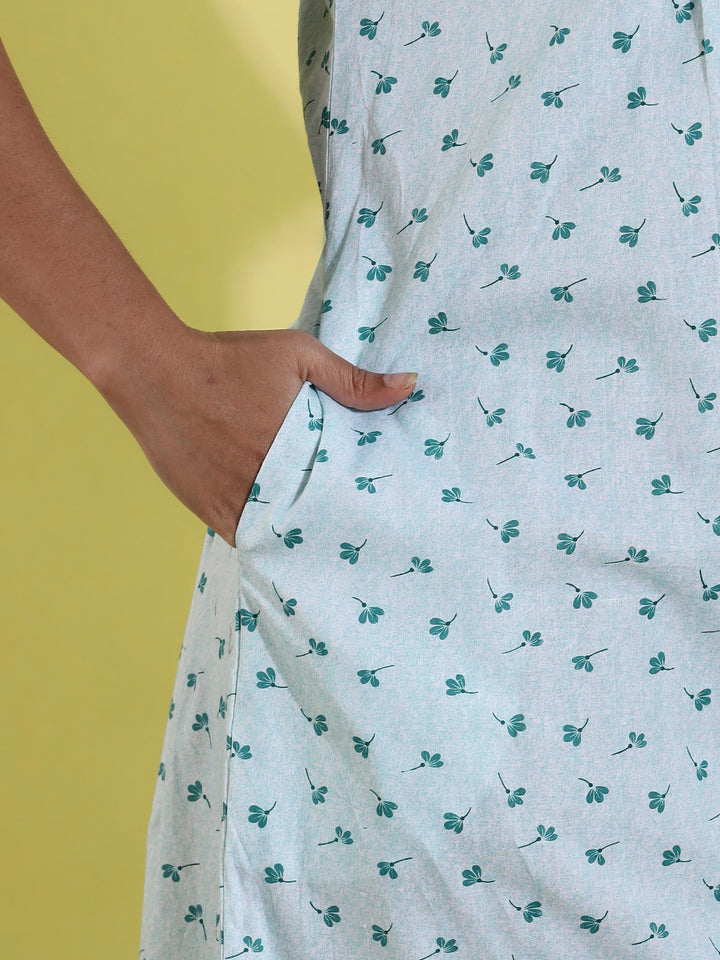 Light Green Floral Print Pure Cotton Nighty for Women