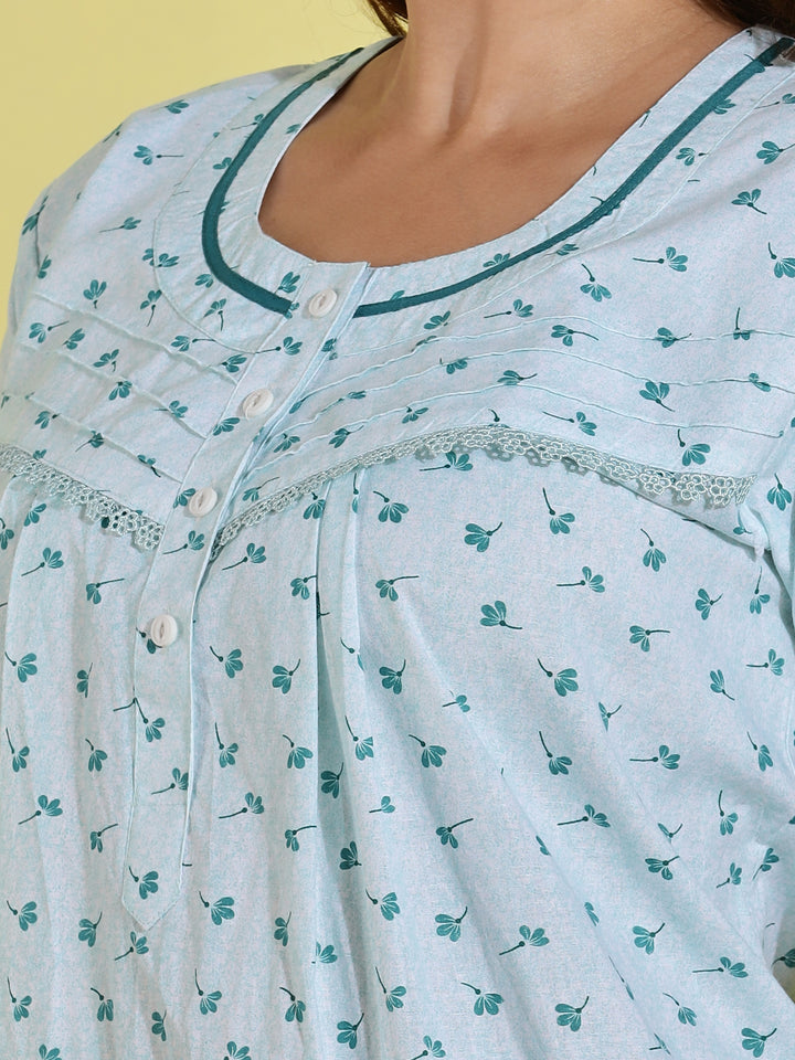 Light Green Floral Print Pure Cotton Nighty for Women