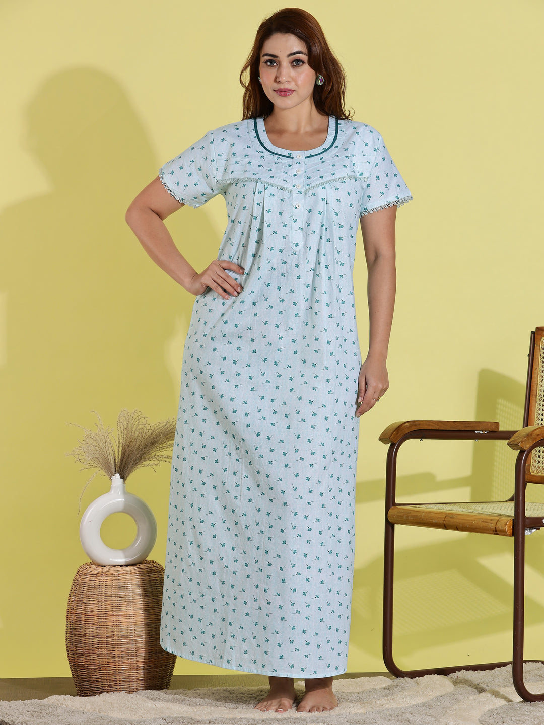 Light Green Floral Print Pure Cotton Nighty for Women