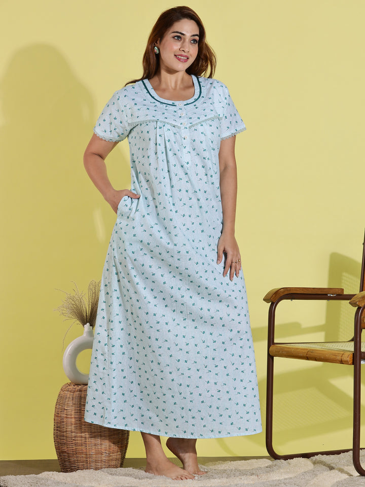 Light Green Floral Print Pure Cotton Nighty for Women