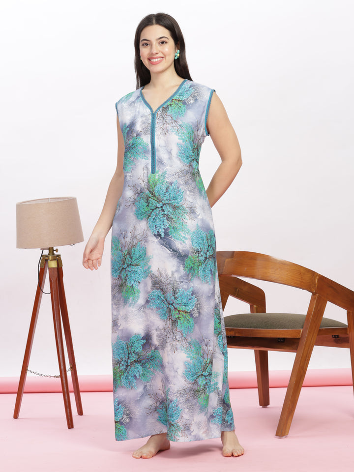 Trendy cool green cozy sleeveless nighty for women