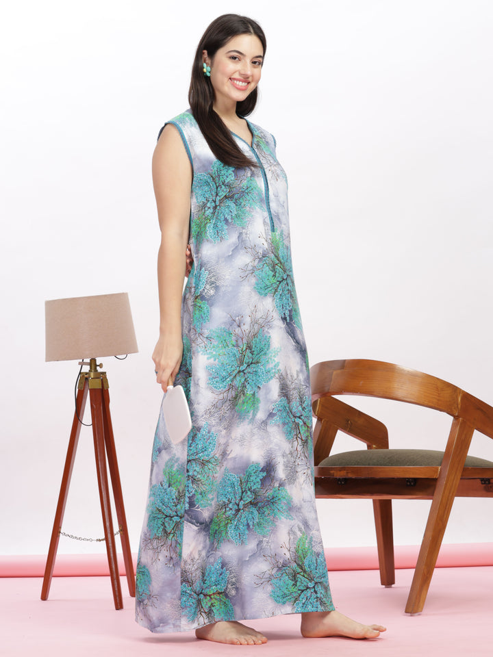 Trendy cool green cozy sleeveless nighty for women