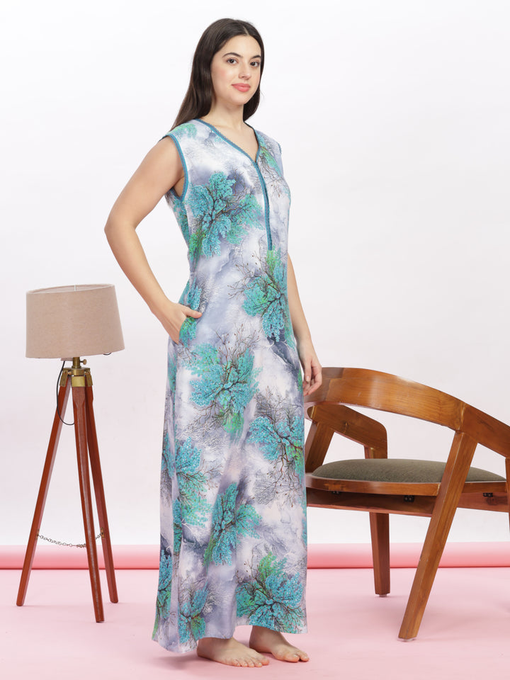 Trendy cool green cozy sleeveless nighty for women