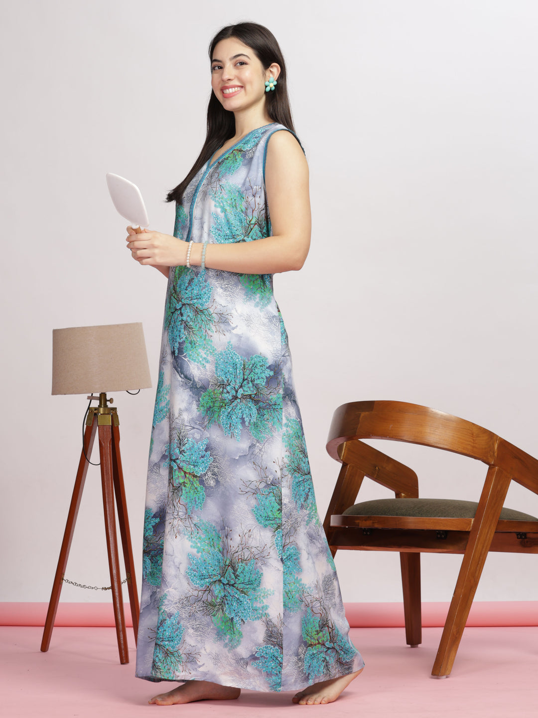 Trendy cool green cozy sleeveless nighty for women