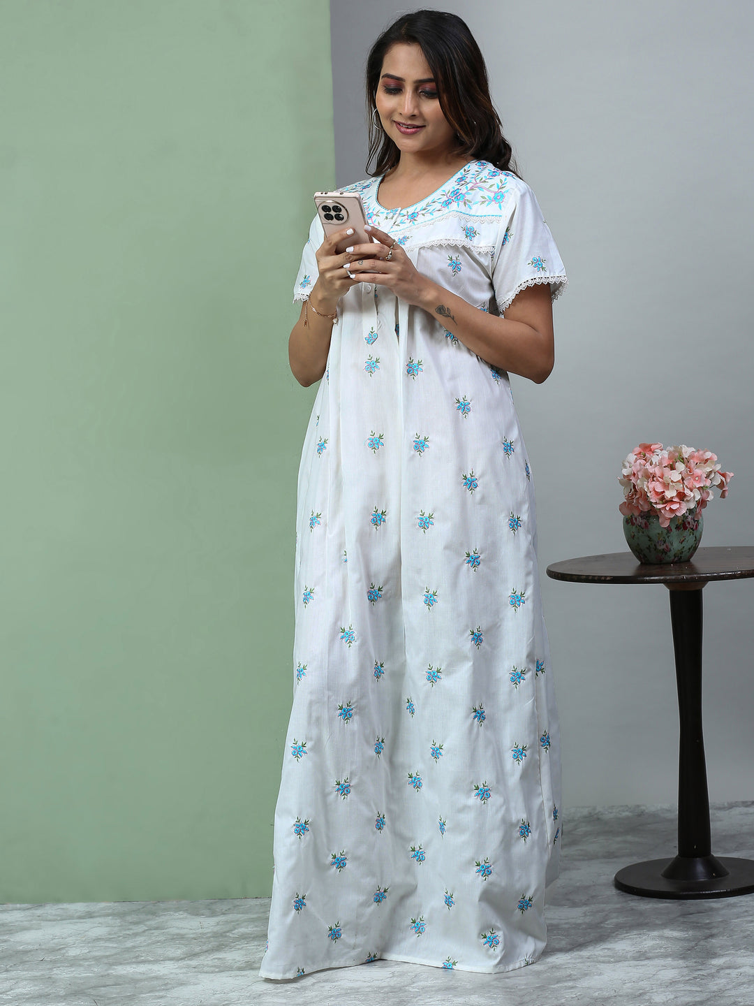 Light grey chikankari pure cotton nighty for summer